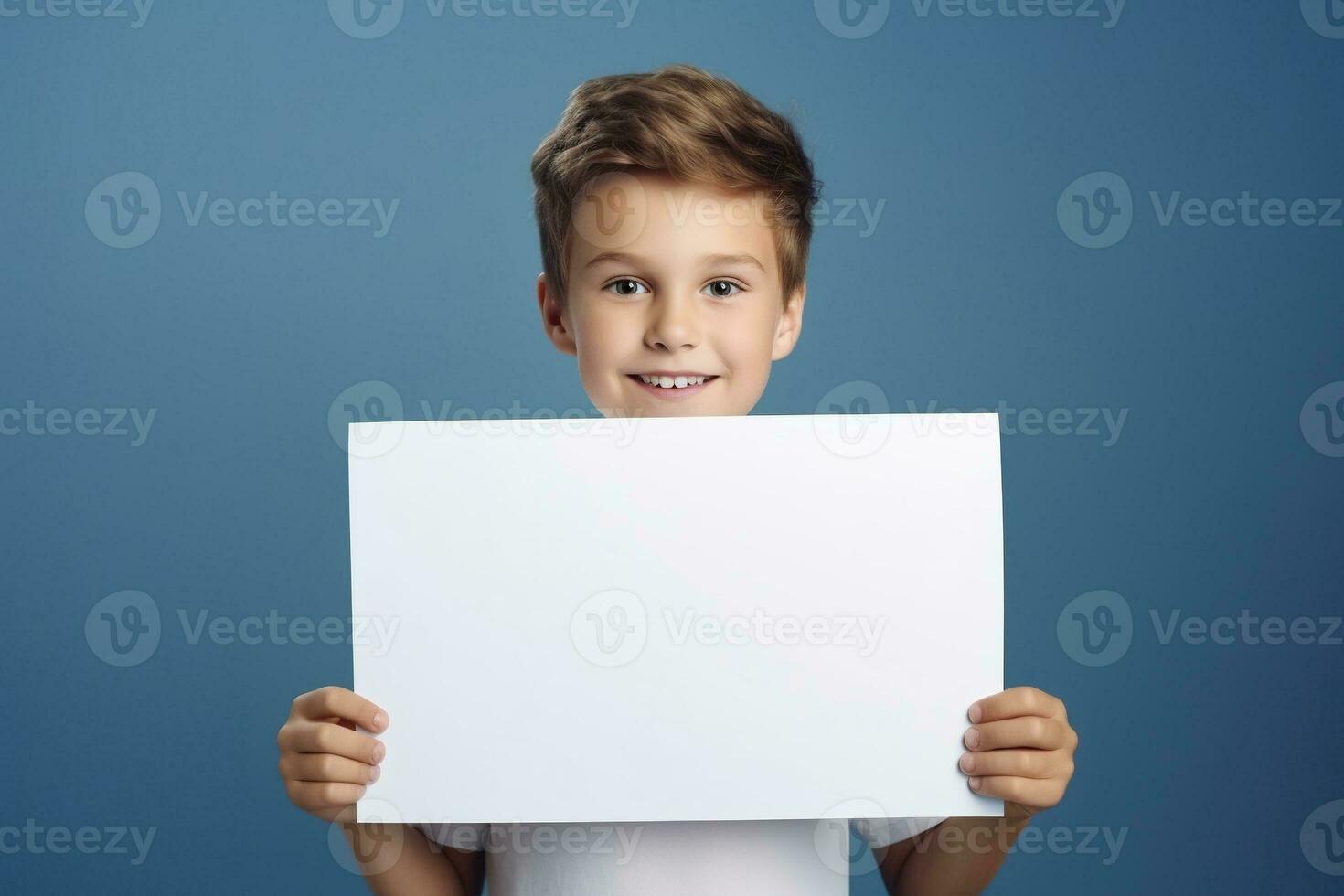 AI generated Little boy holding a blank white sheet of paper photo