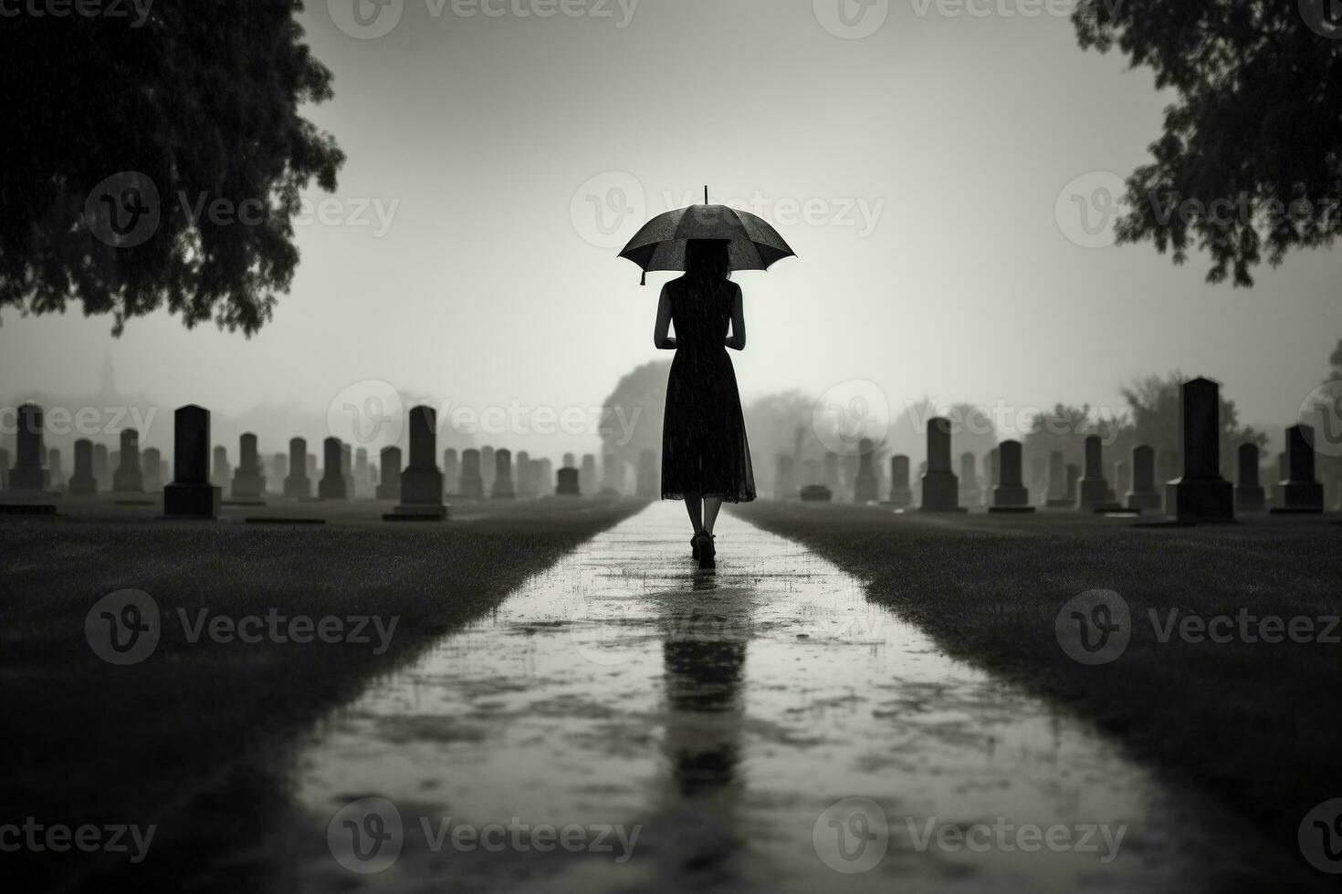 AI generated Beautiful young woman with umbrella in the cemetery photo