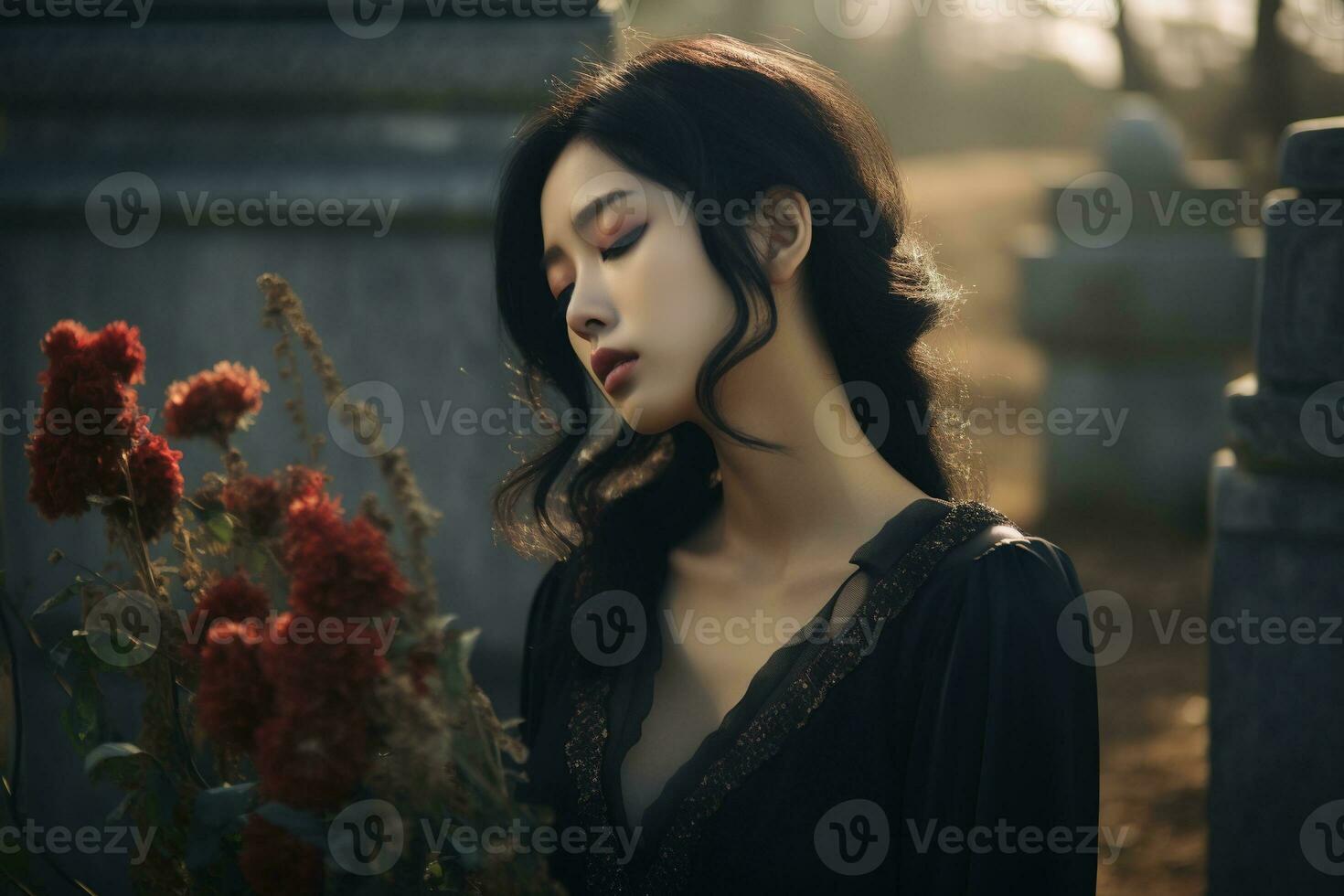 AI generated Beautiful young woman in the old cemetery. photo