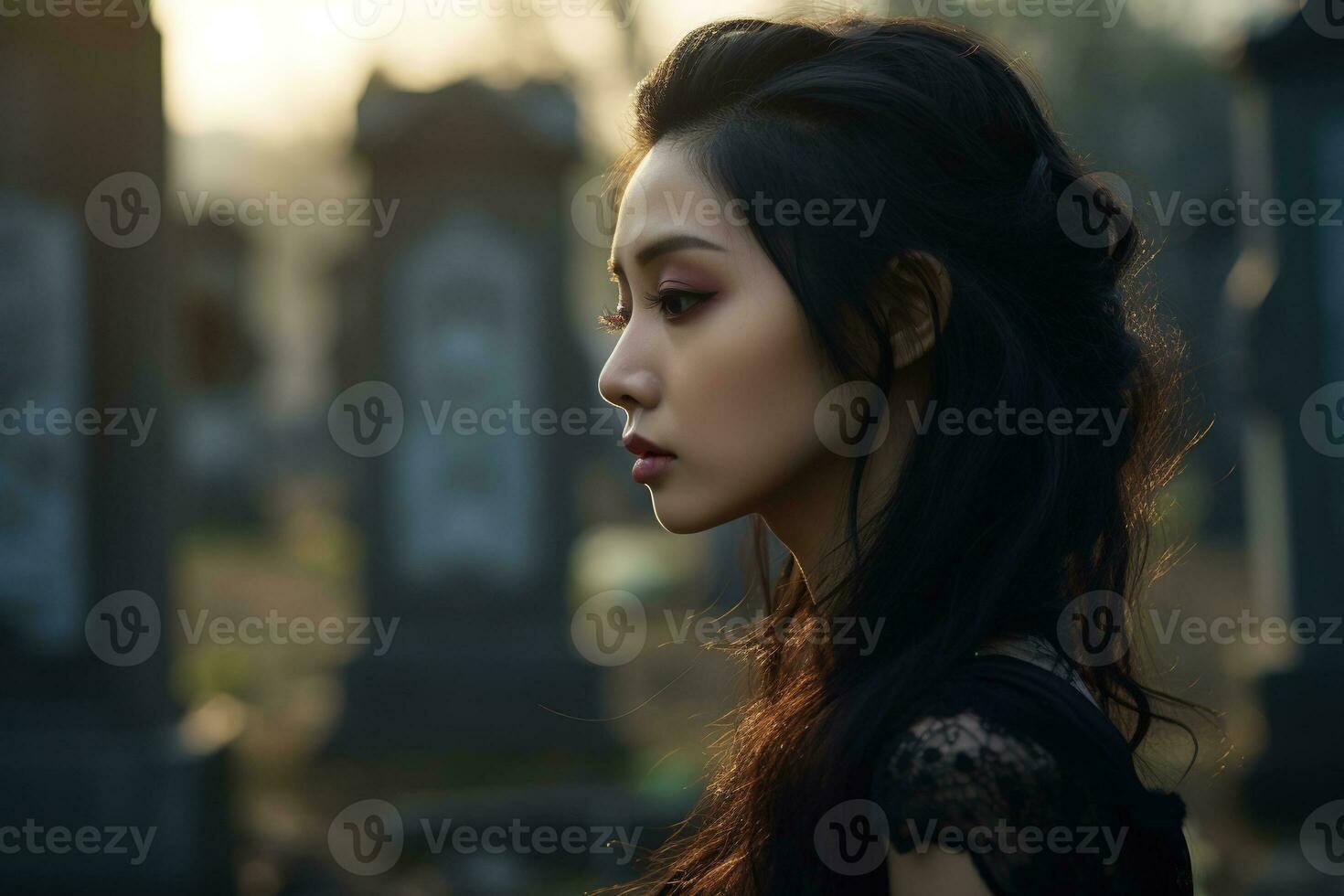 ai generado hermosa joven mujer en el antiguo cementerio. foto