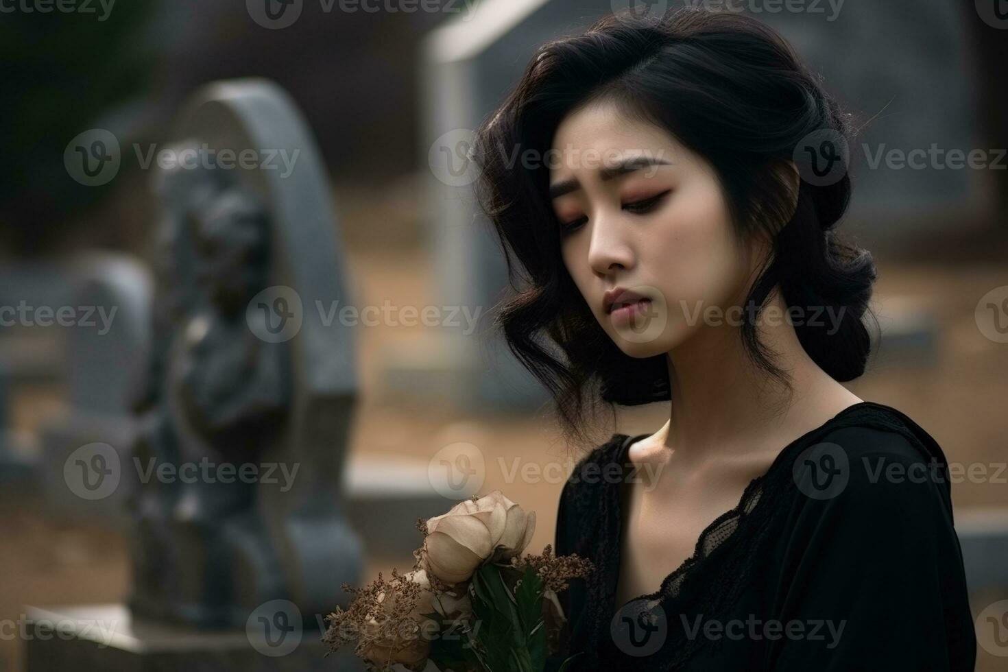 AI generated Beautiful young woman in the old cemetery. photo