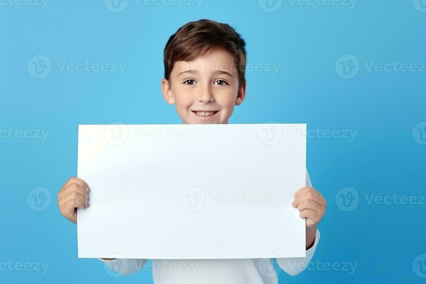 AI generated Little boy holding a blank white sheet of paper photo