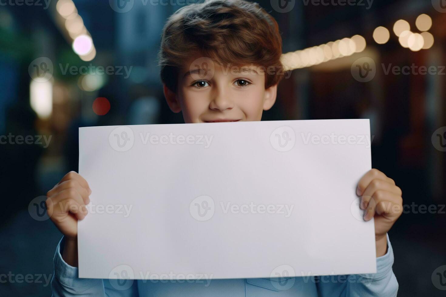 AI generated Little boy holding a blank white sheet of paper photo