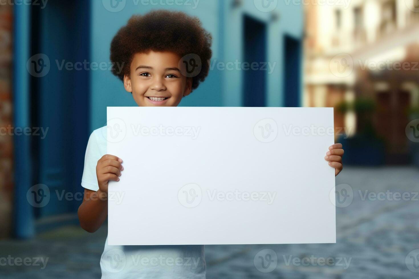 AI generated Little boy holding a blank white sheet of paper photo