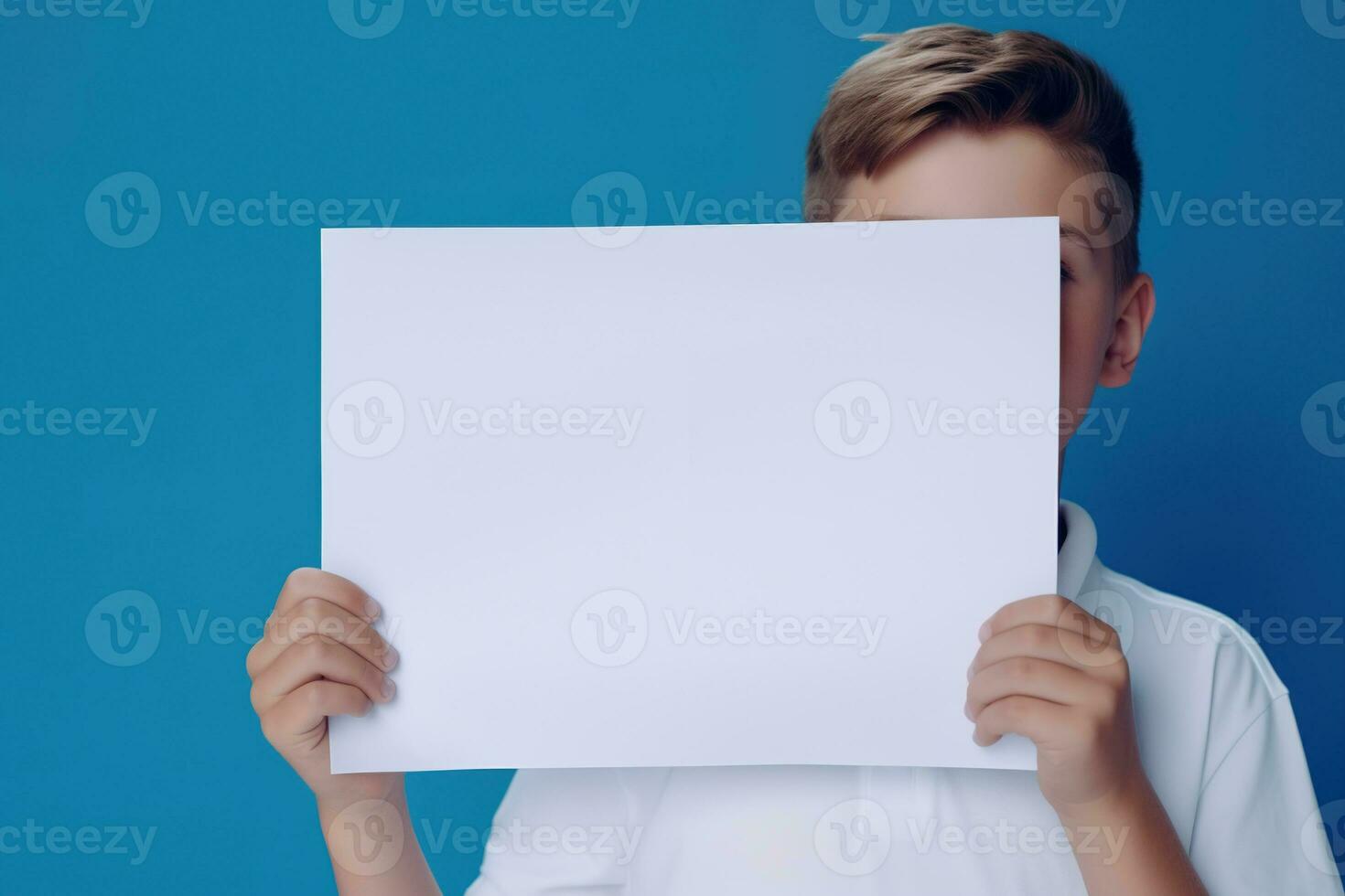 ai generado pequeño chico participación un blanco blanco sábana de papel foto