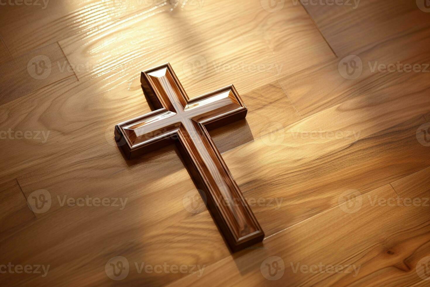 AI generated Wooden christian cross on a wooden background.Christian religion concept. photo