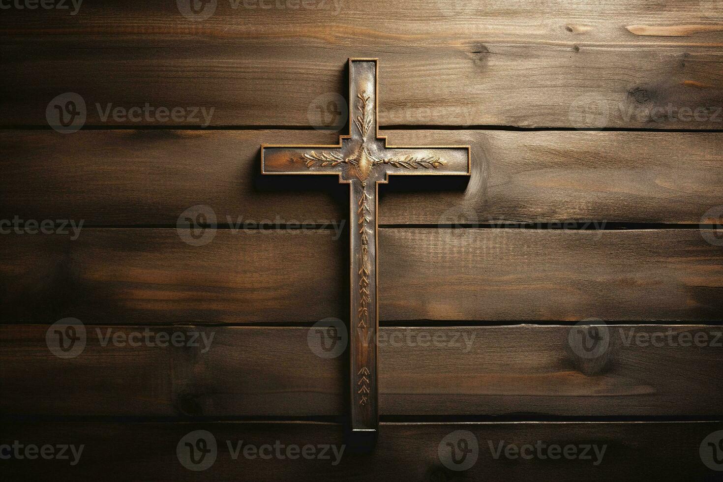 AI generated Wooden christian cross on a wooden background.Christian religion concept. photo