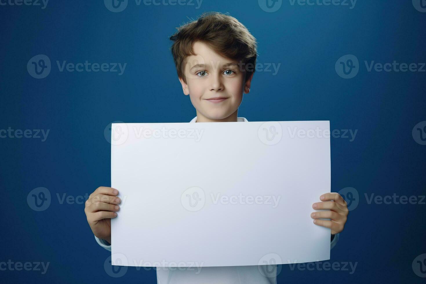 AI generated Little boy holding a blank white sheet of paper photo