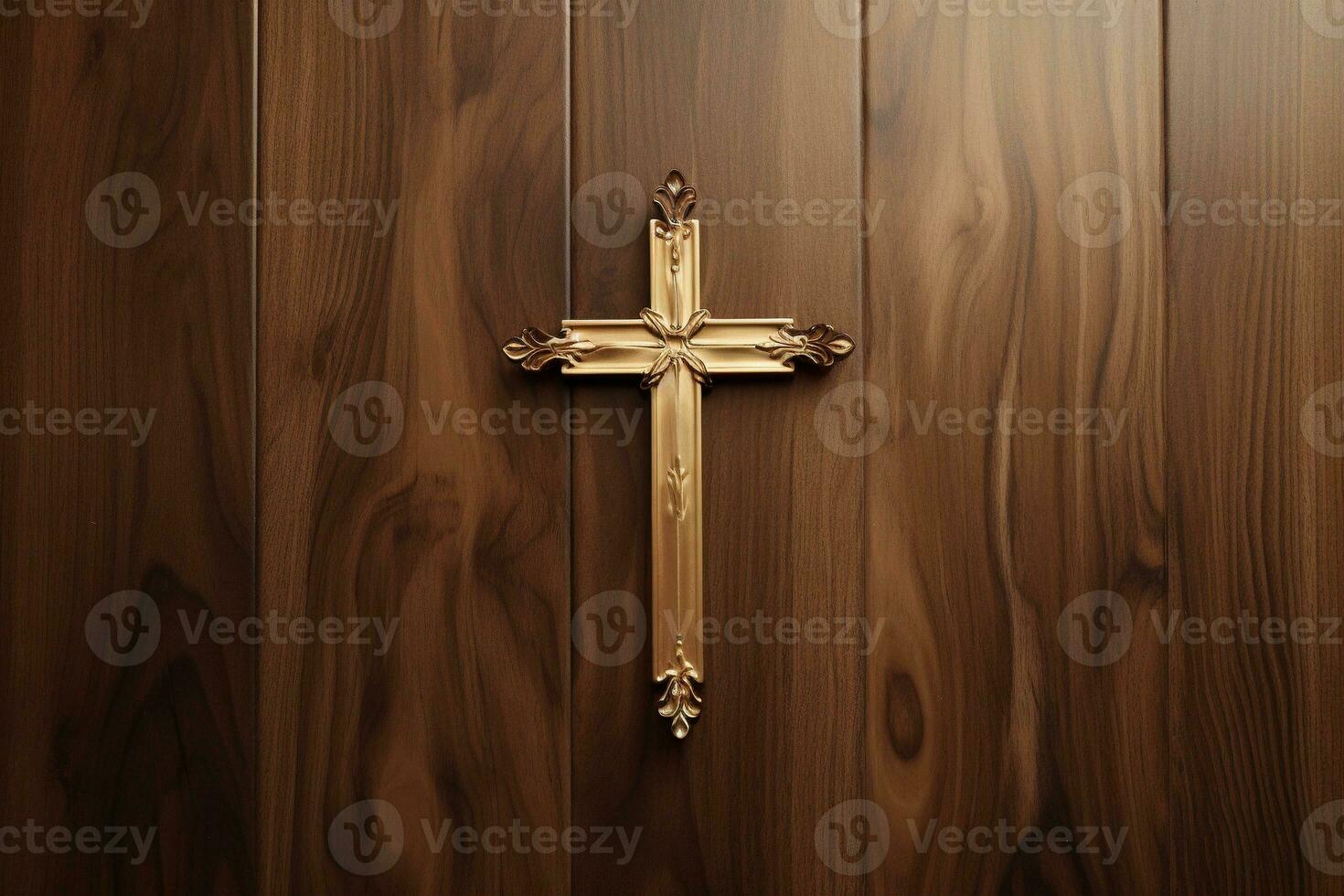 AI generated Wooden christian cross on a wooden background.Christian religion concept. photo