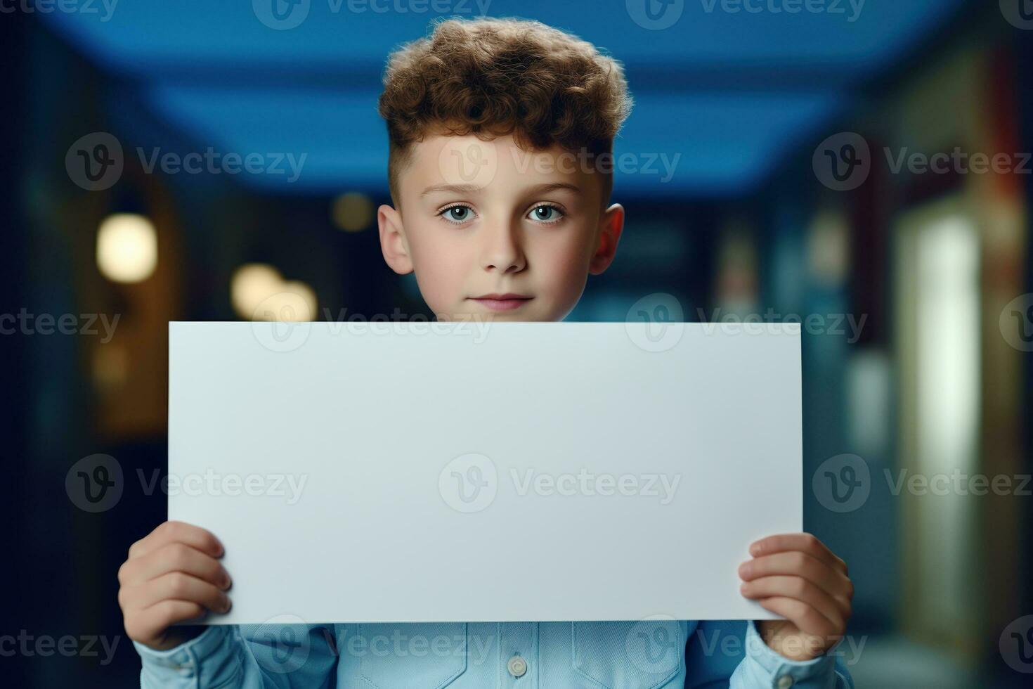 AI generated Little boy holding a blank white sheet of paper photo