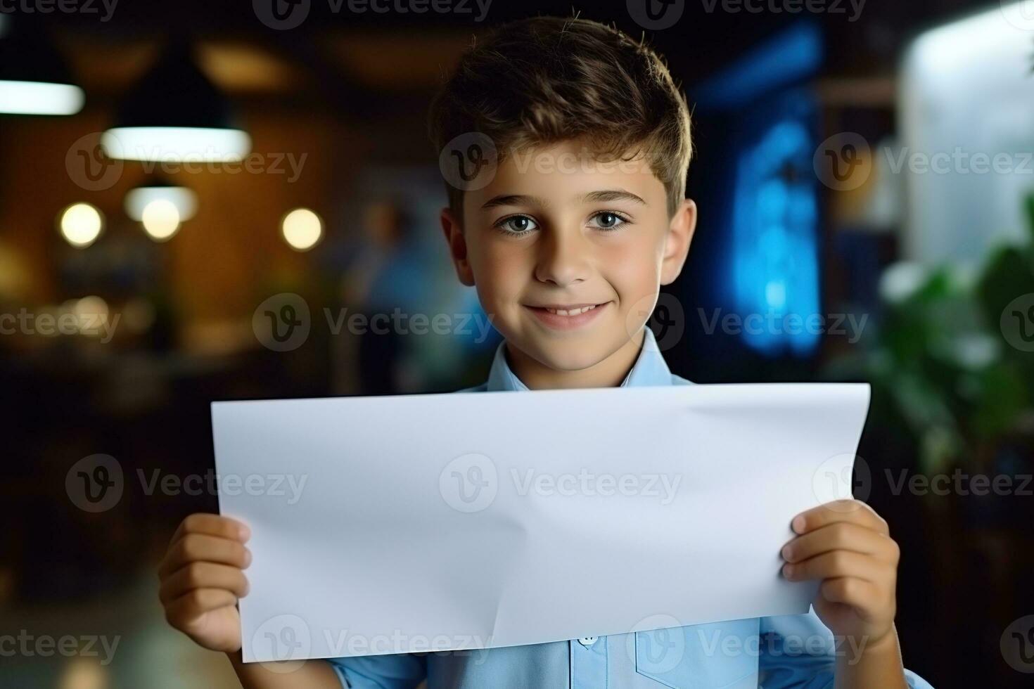 AI generated Little boy holding a blank white sheet of paper photo