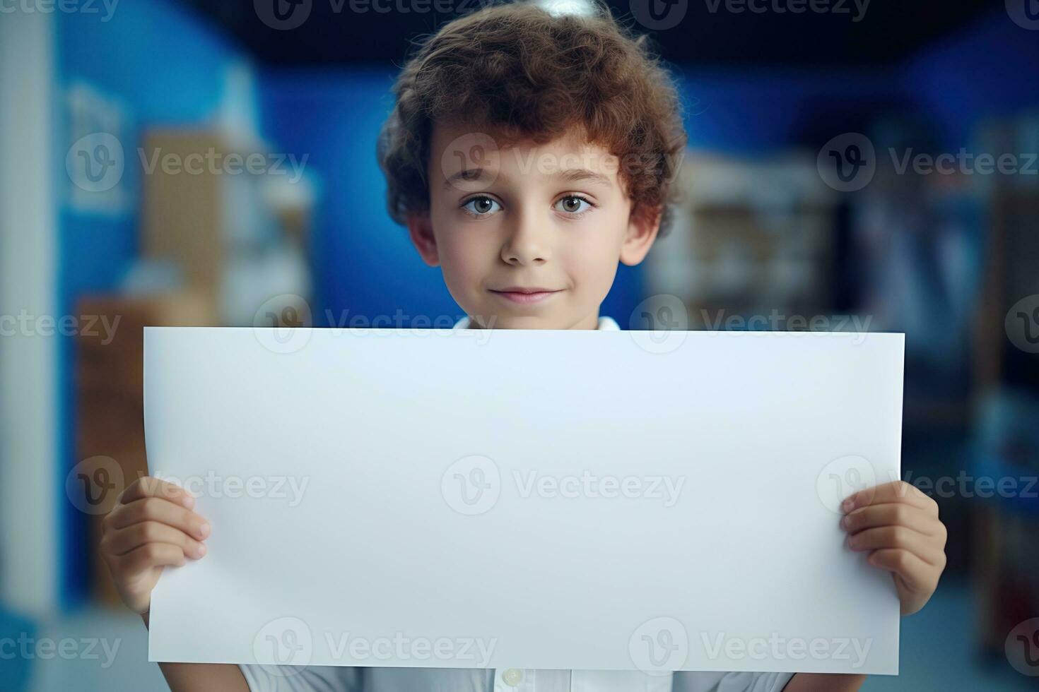 AI generated Little boy holding a blank white sheet of paper photo