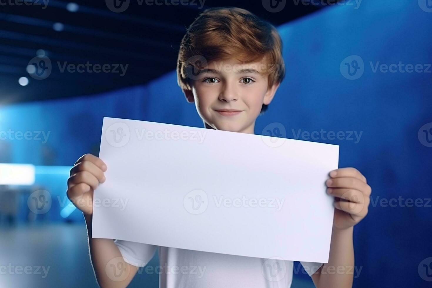 AI generated Little boy holding a blank white sheet of paper photo