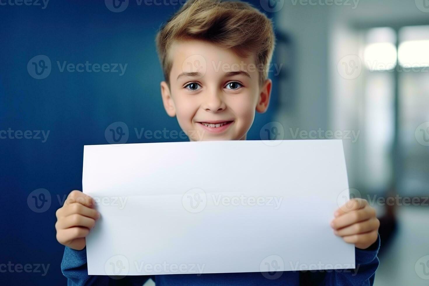 AI generated Little boy holding a blank white sheet of paper photo