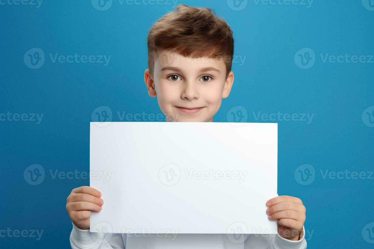 AI generated Little boy holding a blank white sheet of paper photo