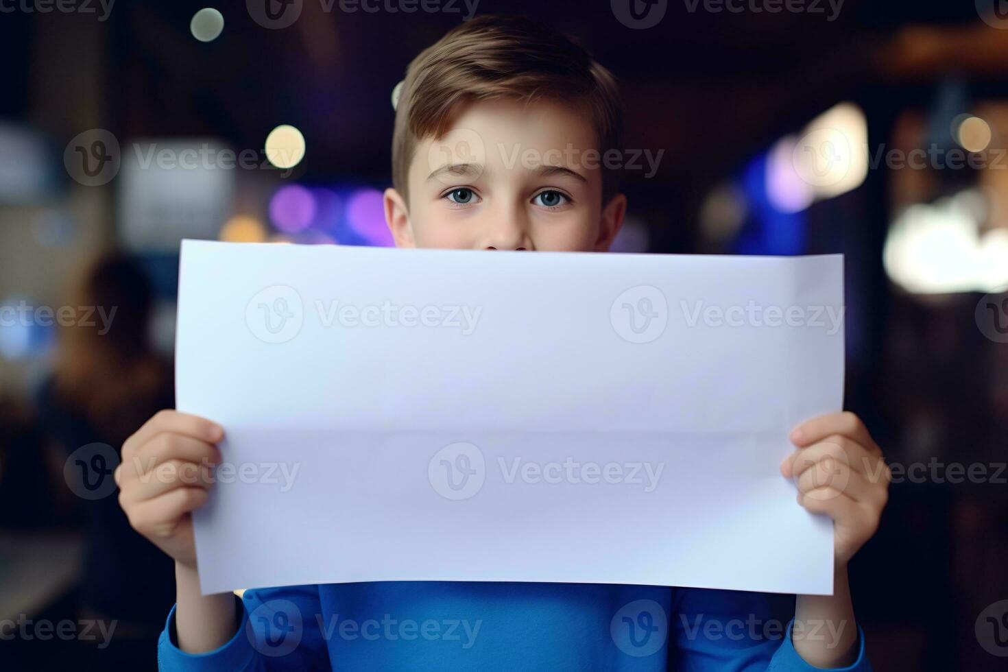 ai generado pequeño chico participación un blanco blanco sábana de papel foto
