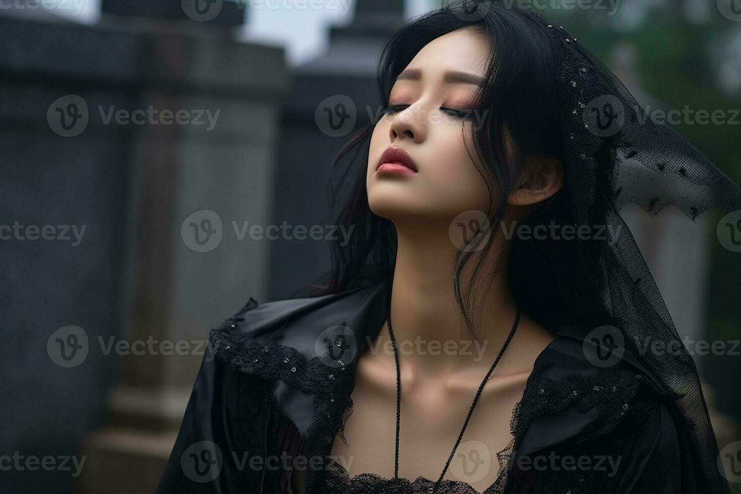 AI generated Beautiful young woman in the old cemetery. photo