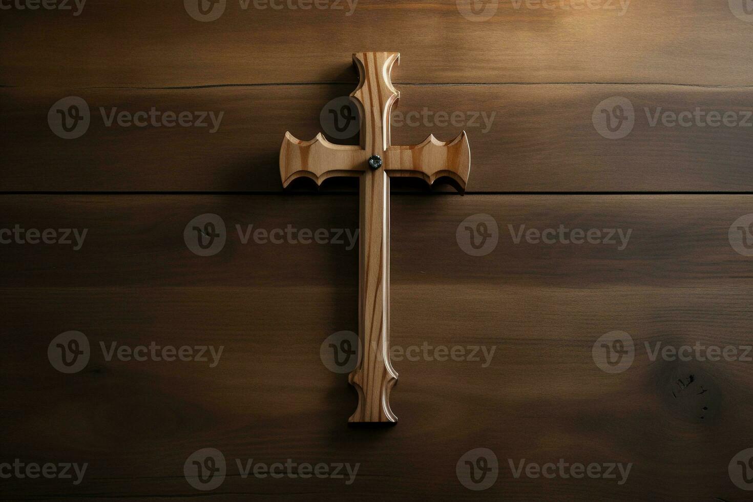 AI generated Wooden christian cross on a wooden background.Christian religion concept. photo