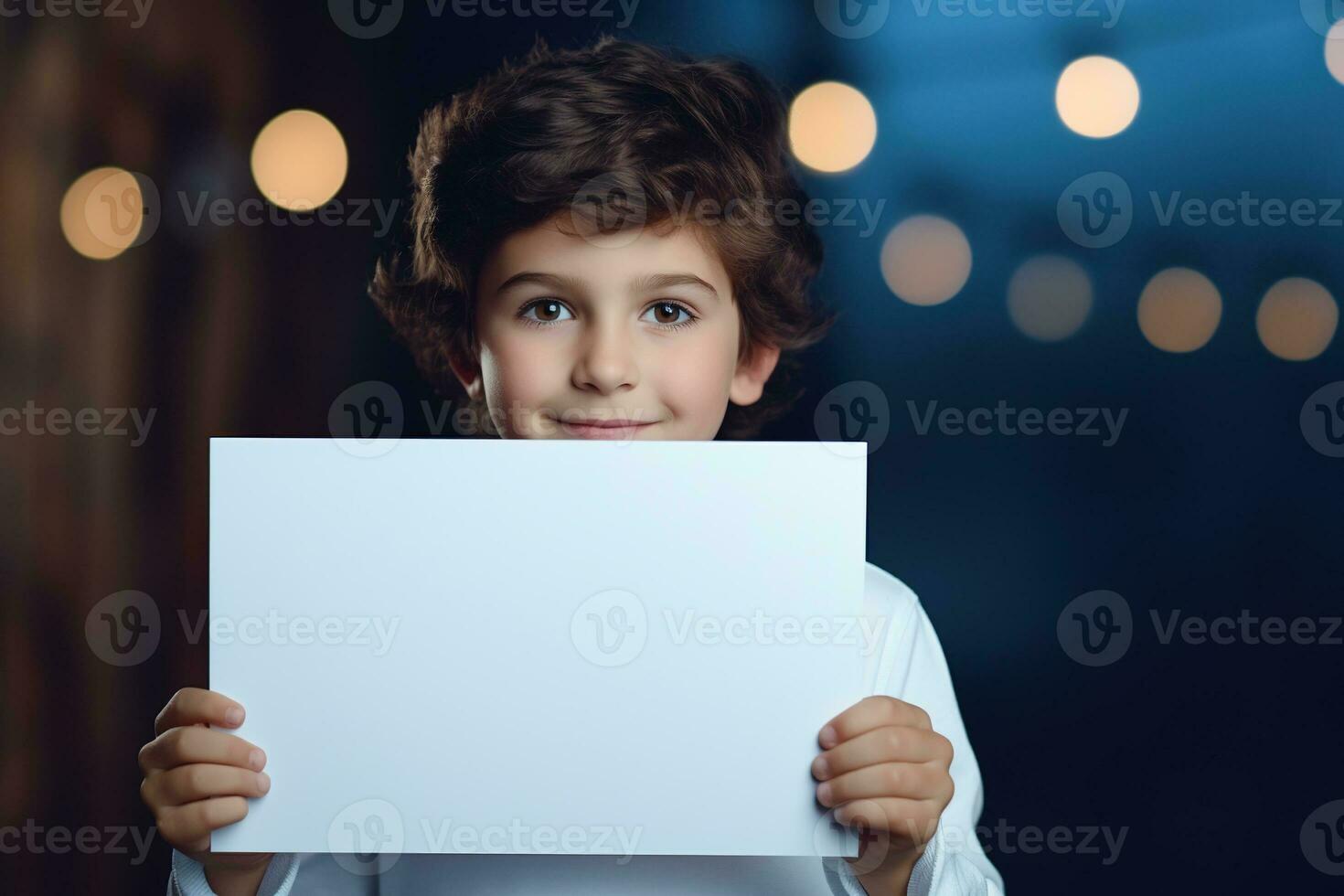 AI generated Little boy holding a blank white sheet of paper photo