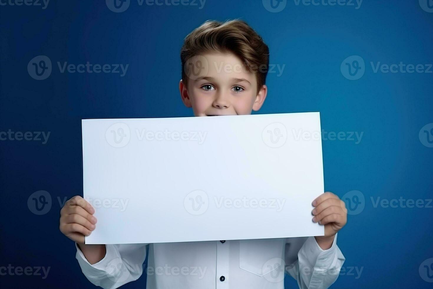 AI generated Little boy holding a blank white sheet of paper photo