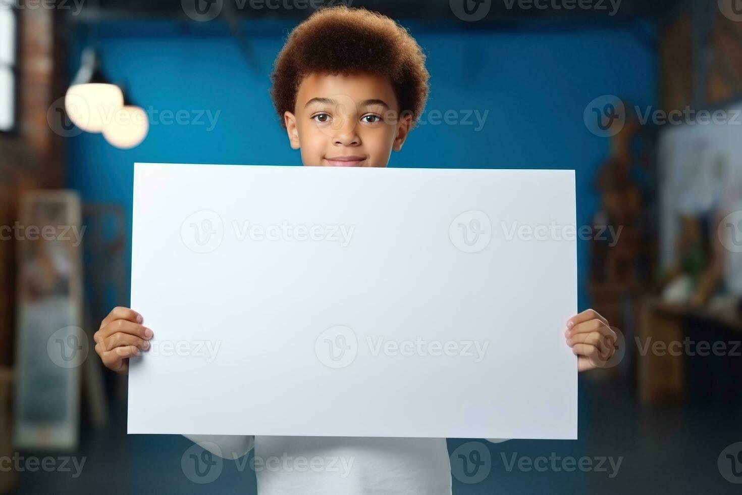 AI generated Little boy holding a blank white sheet of paper photo