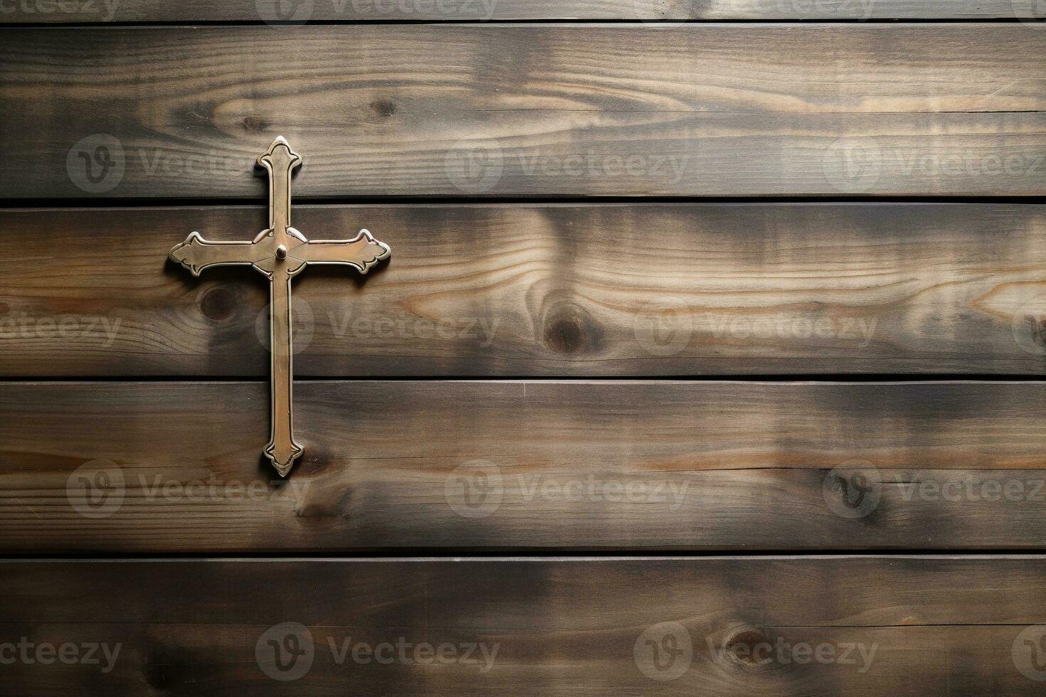 AI generated Wooden christian cross on a wooden background.Christian religion concept. photo