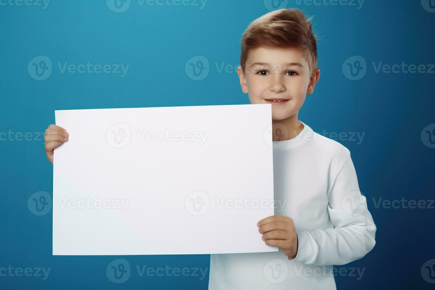 AI generated Little boy holding a blank white sheet of paper photo