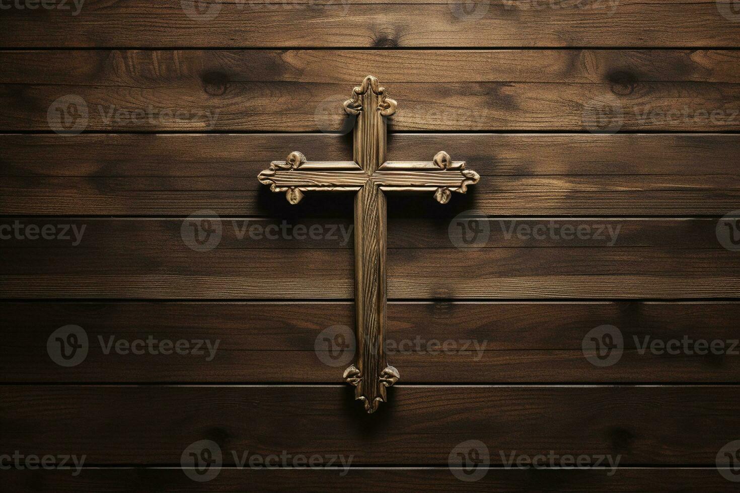 AI generated Wooden christian cross on a wooden background.Christian religion concept. photo