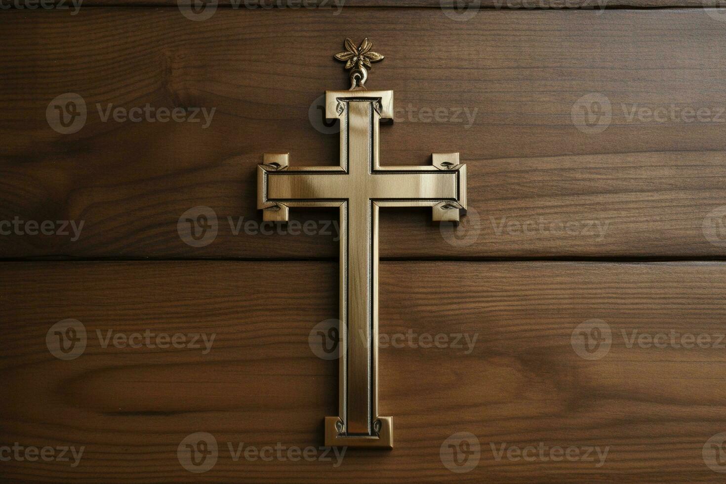 AI generated Wooden christian cross on a wooden background.Christian religion concept. photo