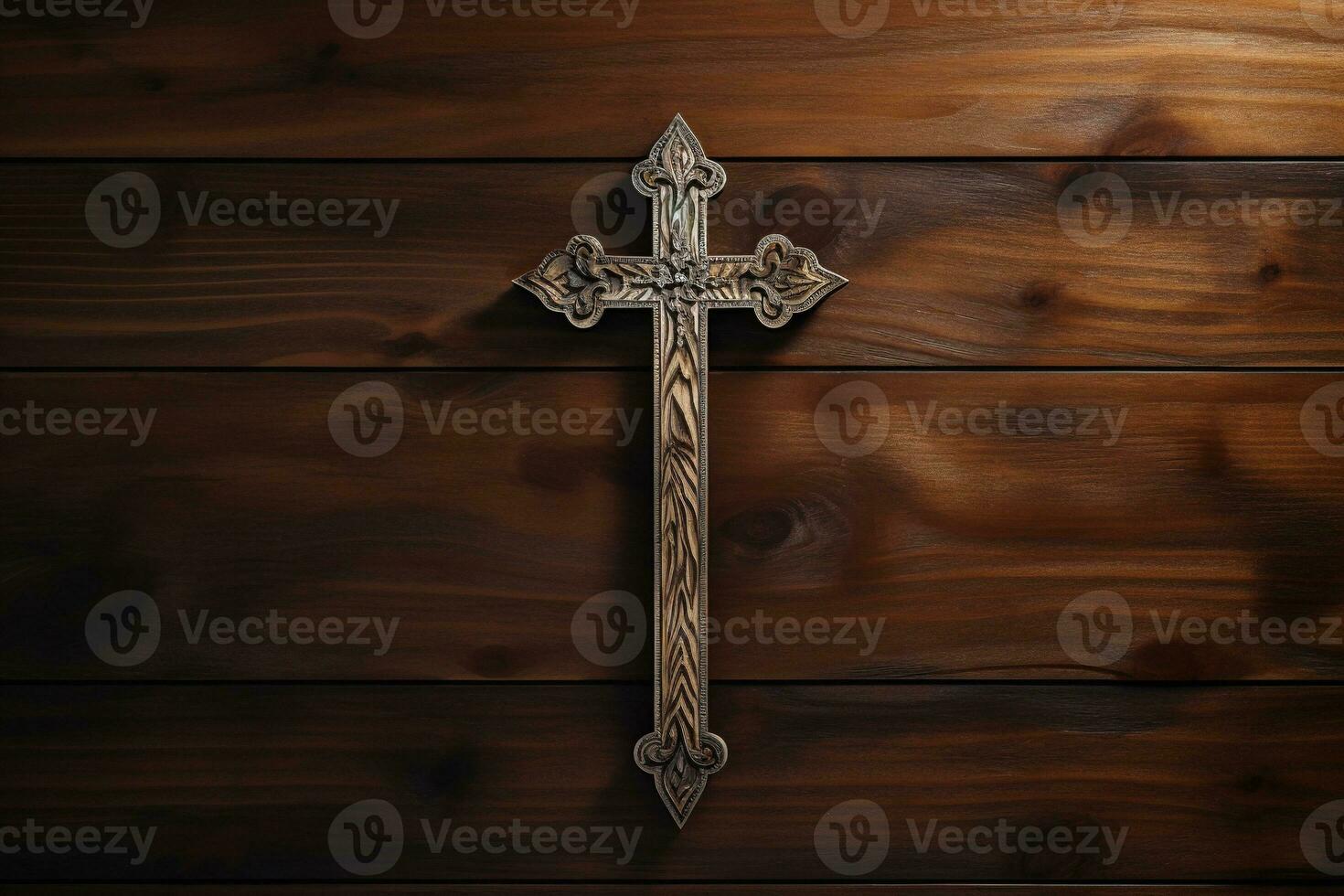 AI generated Wooden christian cross on a wooden background.Christian religion concept. photo