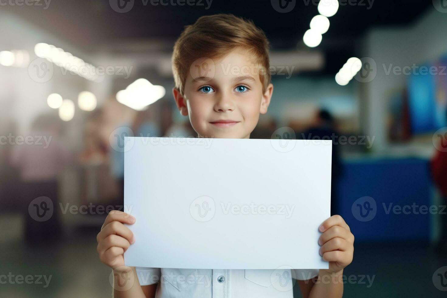 AI generated Little boy holding a blank white sheet of paper photo