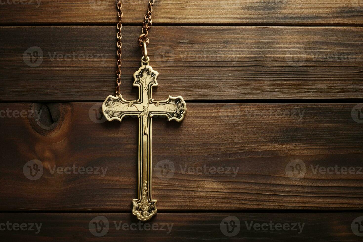 AI generated Wooden christian cross on a wooden background.Christian religion concept. photo