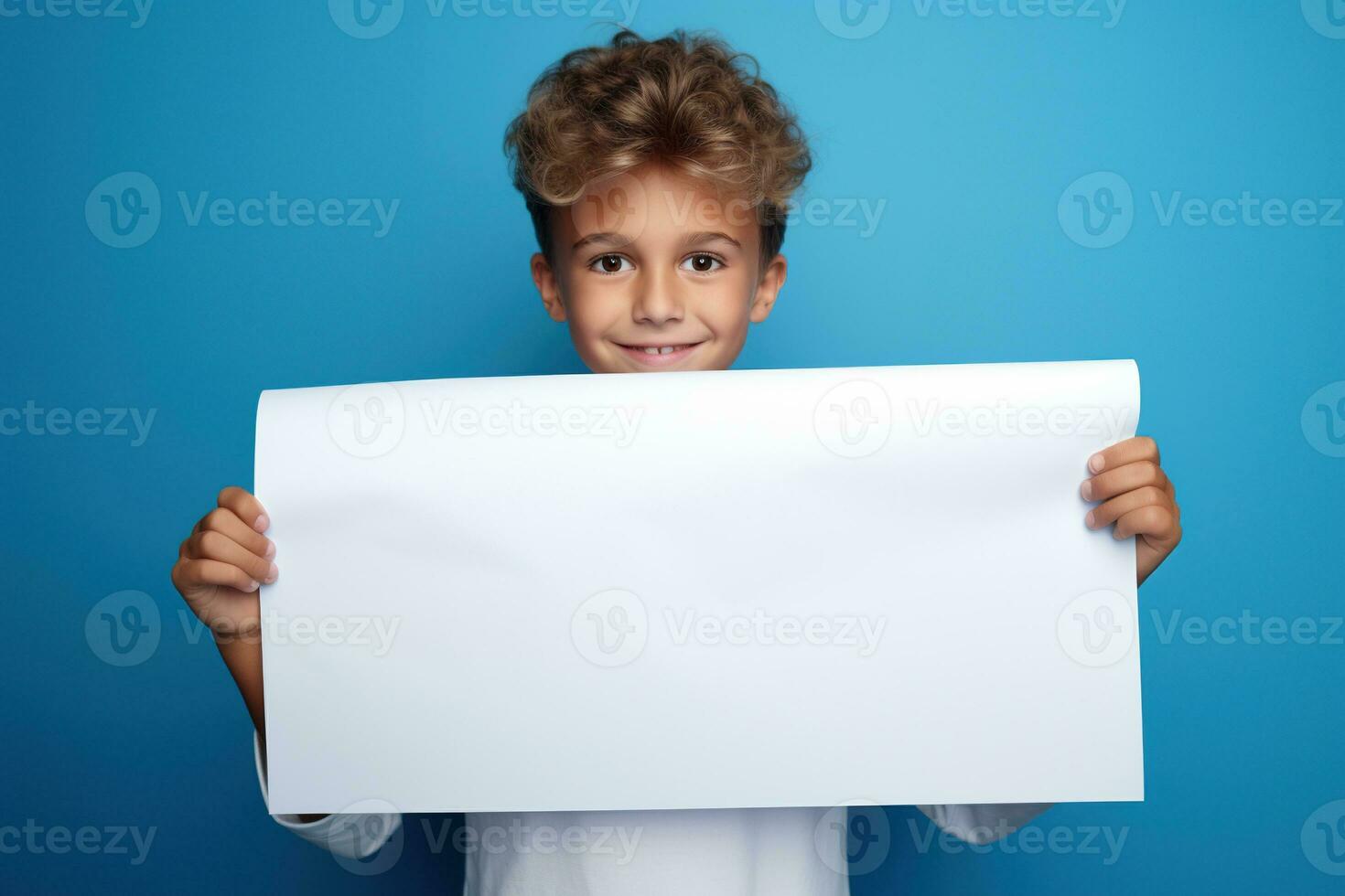 AI generated Little boy holding a blank white sheet of paper photo