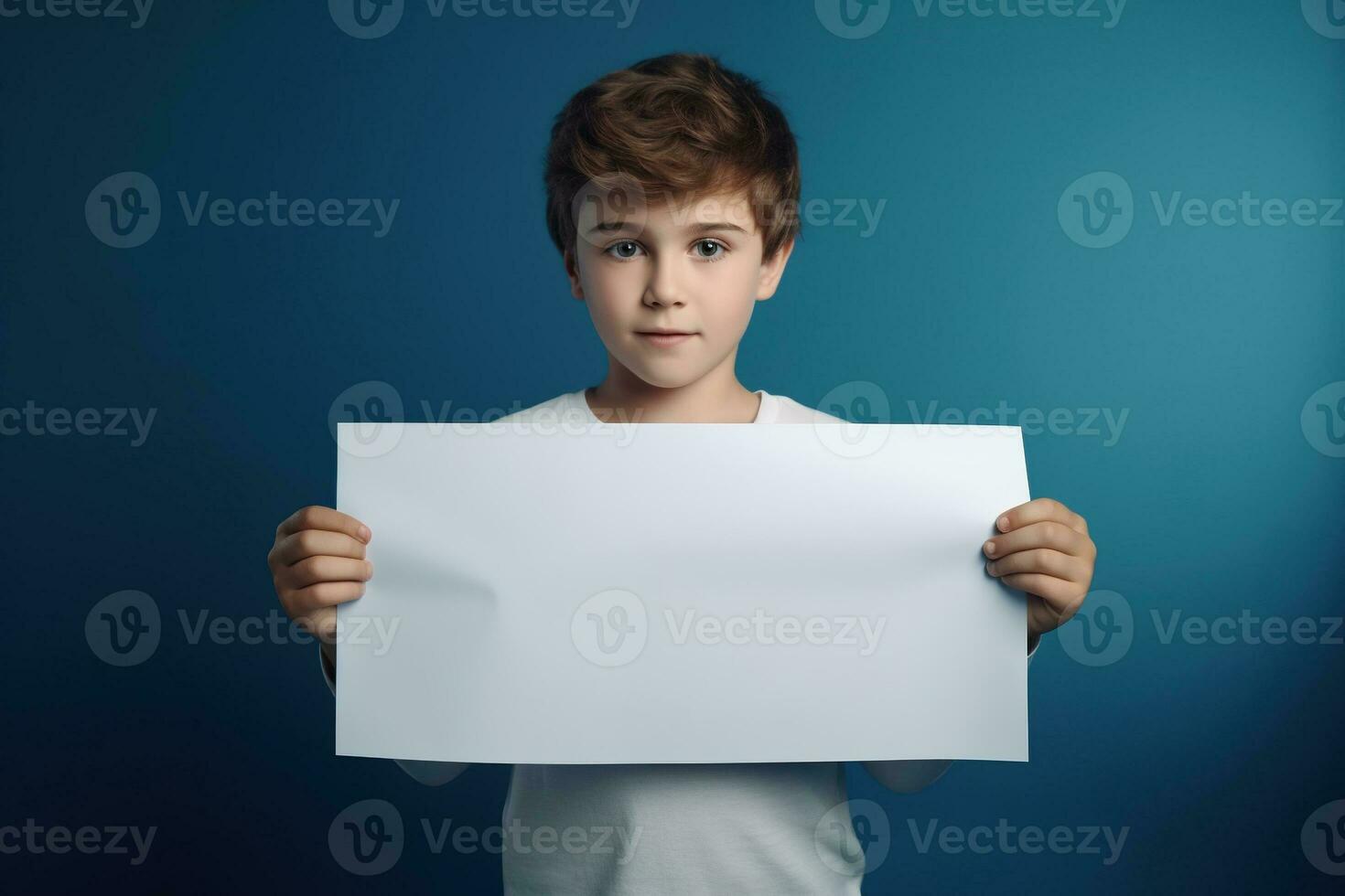 AI generated Little boy holding a blank white sheet of paper photo