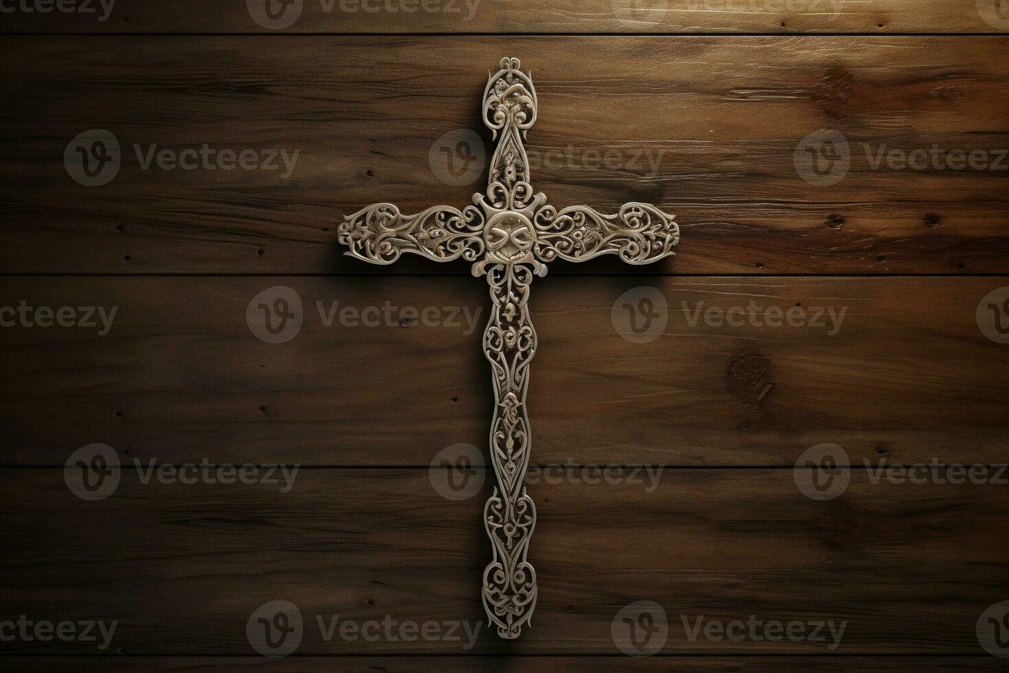 AI generated Wooden christian cross on a wooden background.Christian religion concept. photo