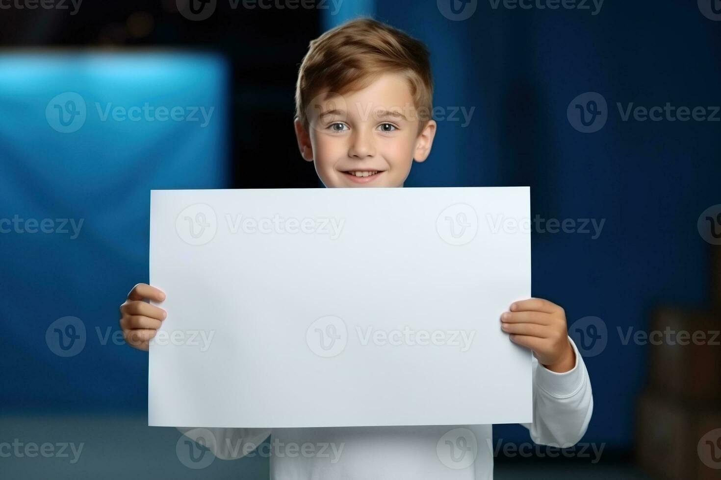 AI generated Little boy holding a blank white sheet of paper photo