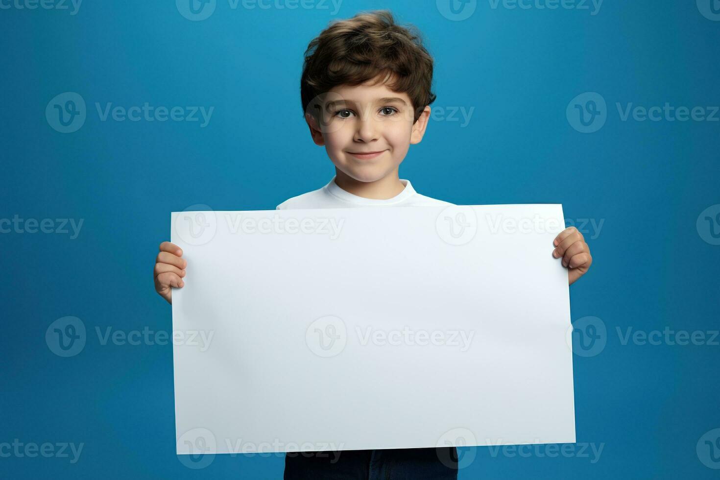 ai generado pequeño chico participación un blanco blanco sábana de papel foto