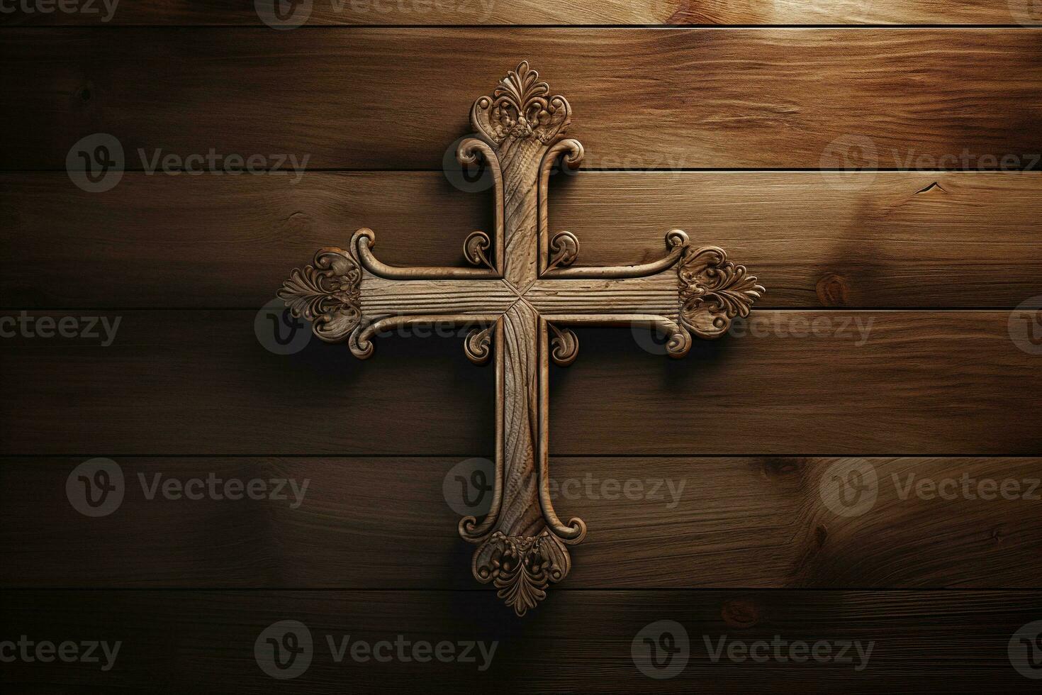 AI generated Wooden christian cross on a wooden background.Christian religion concept. photo