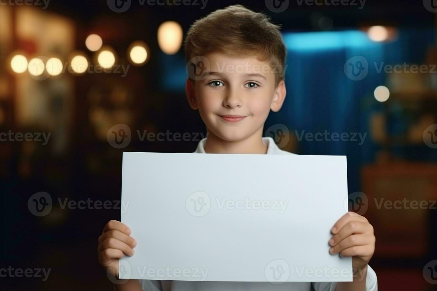 AI generated Little boy holding a blank white sheet of paper photo