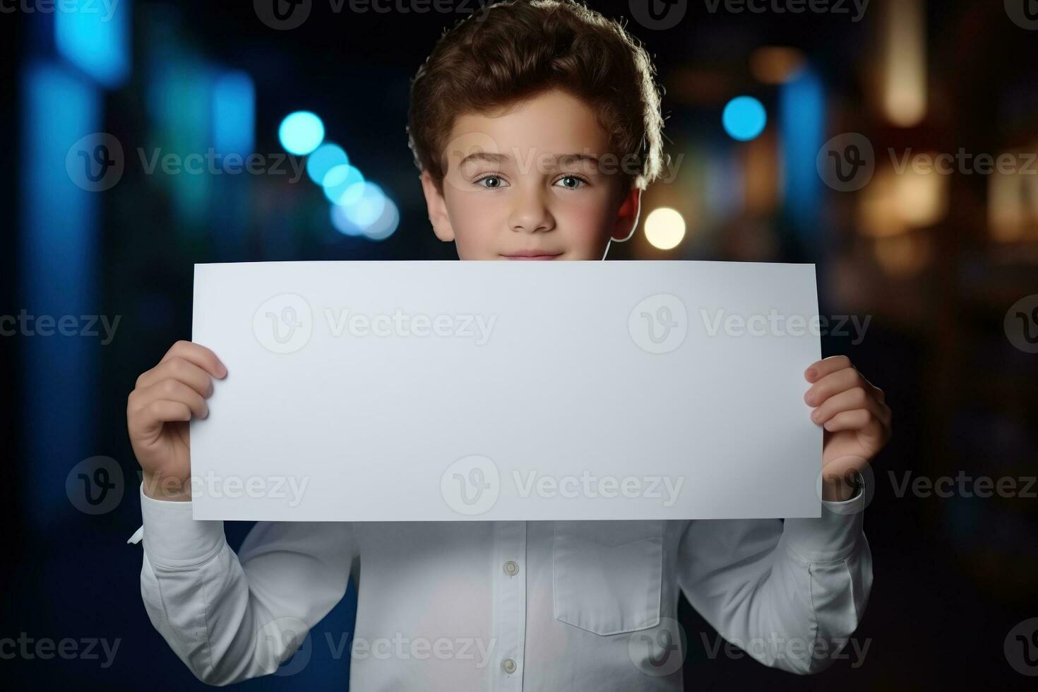 AI generated Little boy holding a blank white sheet of paper photo