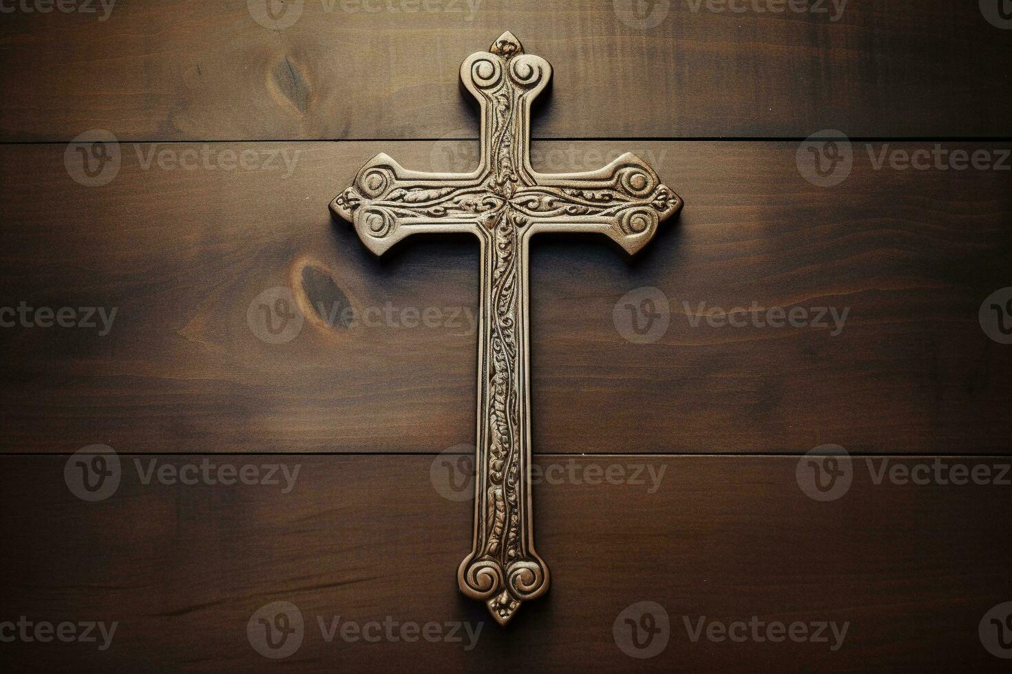 AI generated Wooden christian cross on a wooden background.Christian religion concept. photo