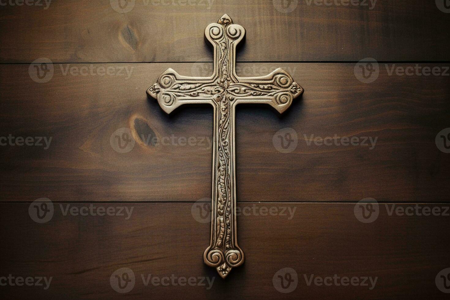 AI generated Wooden christian cross on a wooden background.Christian religion concept. photo