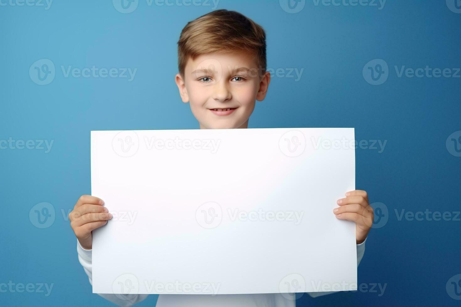 AI generated Little boy holding a blank white sheet of paper photo