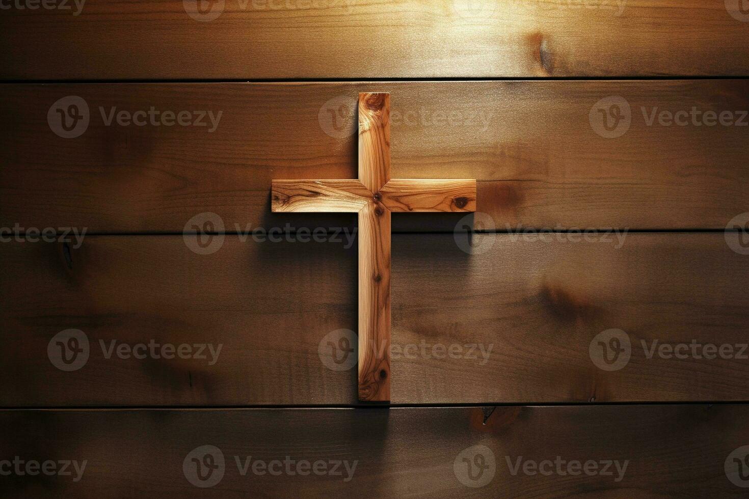 AI generated Wooden christian cross on a wooden background.Christian religion concept. photo