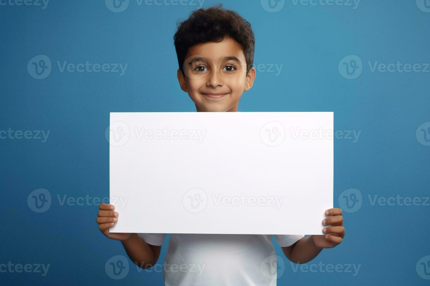 AI generated Little boy holding a blank white sheet of paper photo