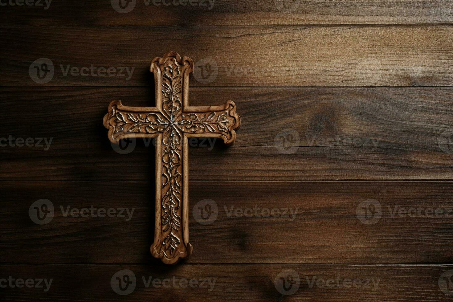 AI generated Wooden christian cross on a wooden background.Christian religion concept. photo