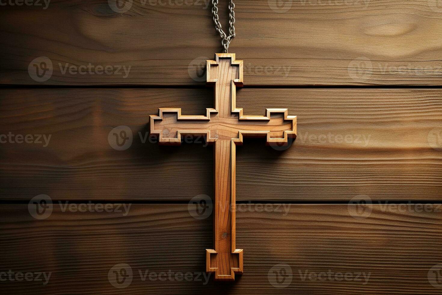 AI generated Wooden christian cross on a wooden background.Christian religion concept. photo