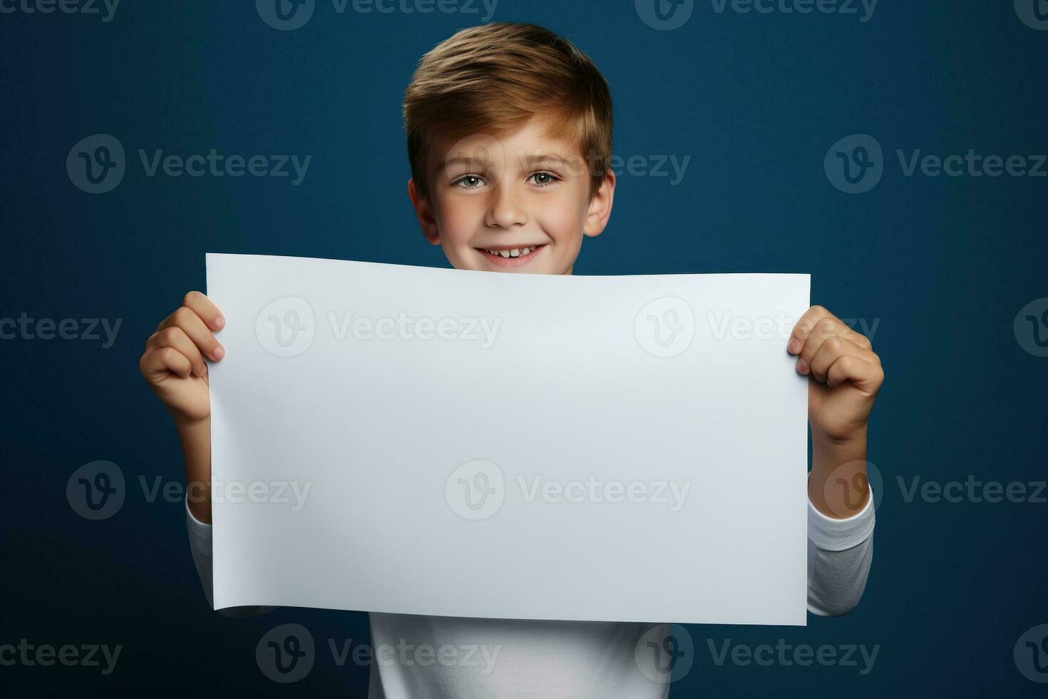 AI generated Little boy holding a blank white sheet of paper photo