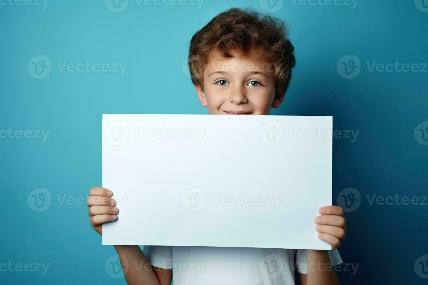 AI generated Little boy holding a blank white sheet of paper photo