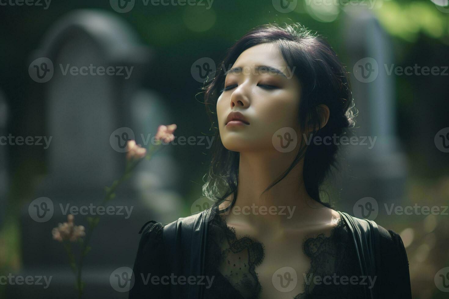 ai generado hermosa joven mujer en el antiguo cementerio. foto